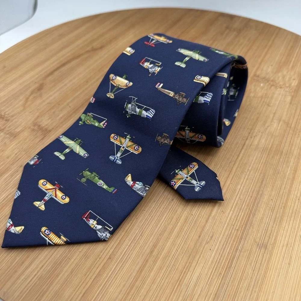 Alynn Necktie Blue Silk War Plane Aviation Print Retro Novelty Career Office